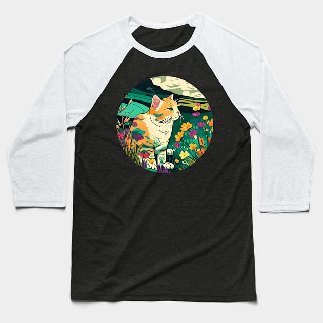 Happy Cat Filled With Flowers In The Field Colorful - Cat Lover Baseball T-Shirt by WilliamHoraceBatezell